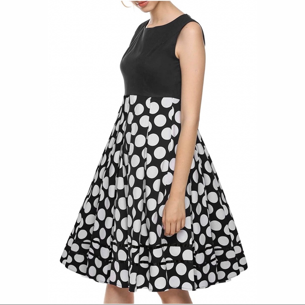 VINTAGE Style Blk & White Polka Dot Tea Dress - Picture 2 of 7